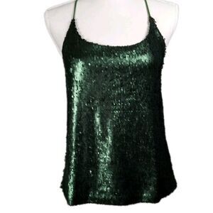 Vtg Y2K Sequin Racer Back Tank Camisole M Olive Green Mermaid Festival Disco EUC